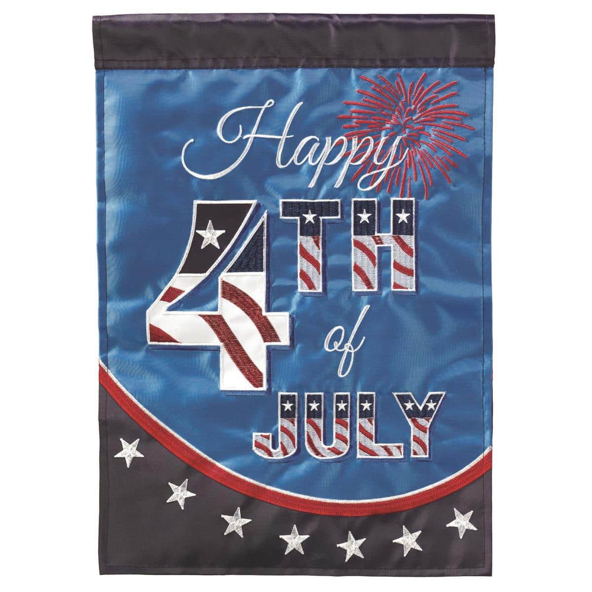 13x18 Happy 4th Of July double applique garden flag with stars, stripes, and fireworks in red, white, and blue, two-sided design with top pole sleeve for lawn display