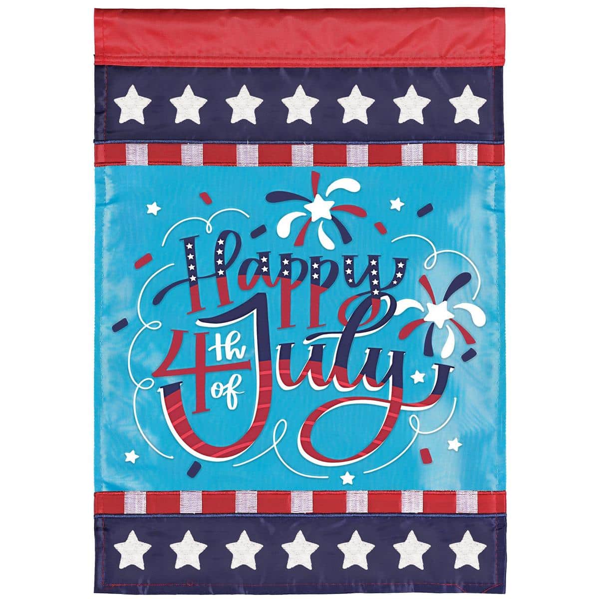 13x18 Happy 4th Of July garden flag with double applique stars and stripes hung on a metal garden flag stand in a front yard.