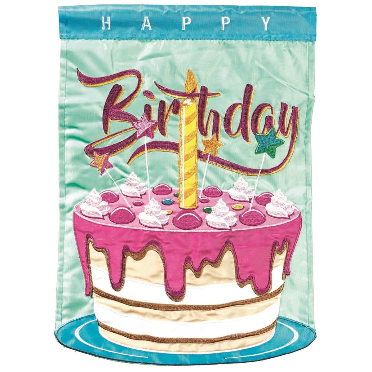 Colorful Happy Birthday Cake double applique garden flag, 13x18 inches, layered cake with candles and confetti, two-sided lettering, hanging on a yard pole.