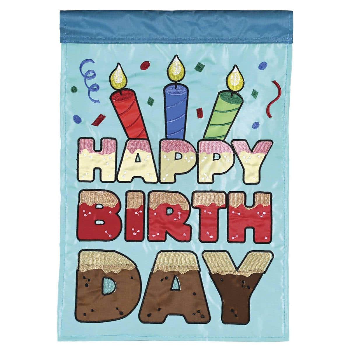 13x18 Happy Birthday garden flag with layered applique lettering, colorful balloons and confetti motif, shown on a decorative garden flag stand in a sunny yard.