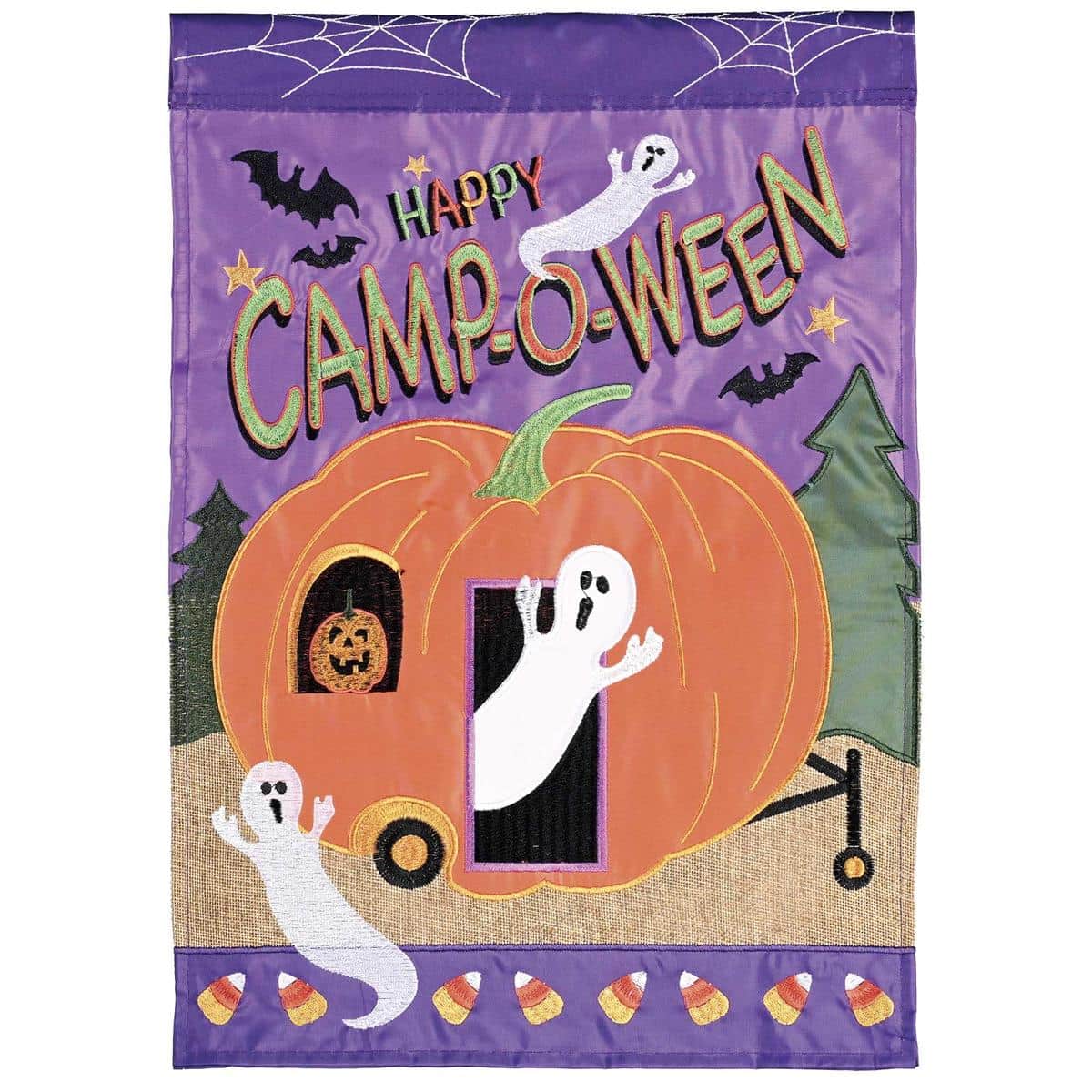 Happy Camp-O-Ween Ghost Halloween flag with smiling ghost wearing camping gear and a small campfire motif in layered double applique, displayed on a porch flag pole against a neutral background.