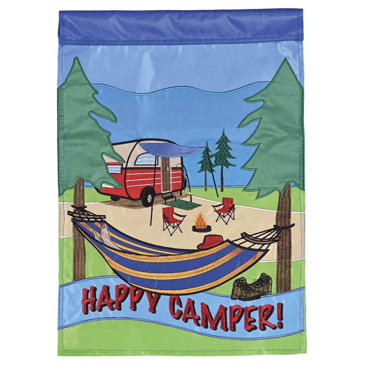 Happy Camper garden flag 13x18 showing a colorful camper, pitched tent, pine trees and a glowing campfire in layered double applique fabric with stitched accents, hanging on a metal garden flag stand.