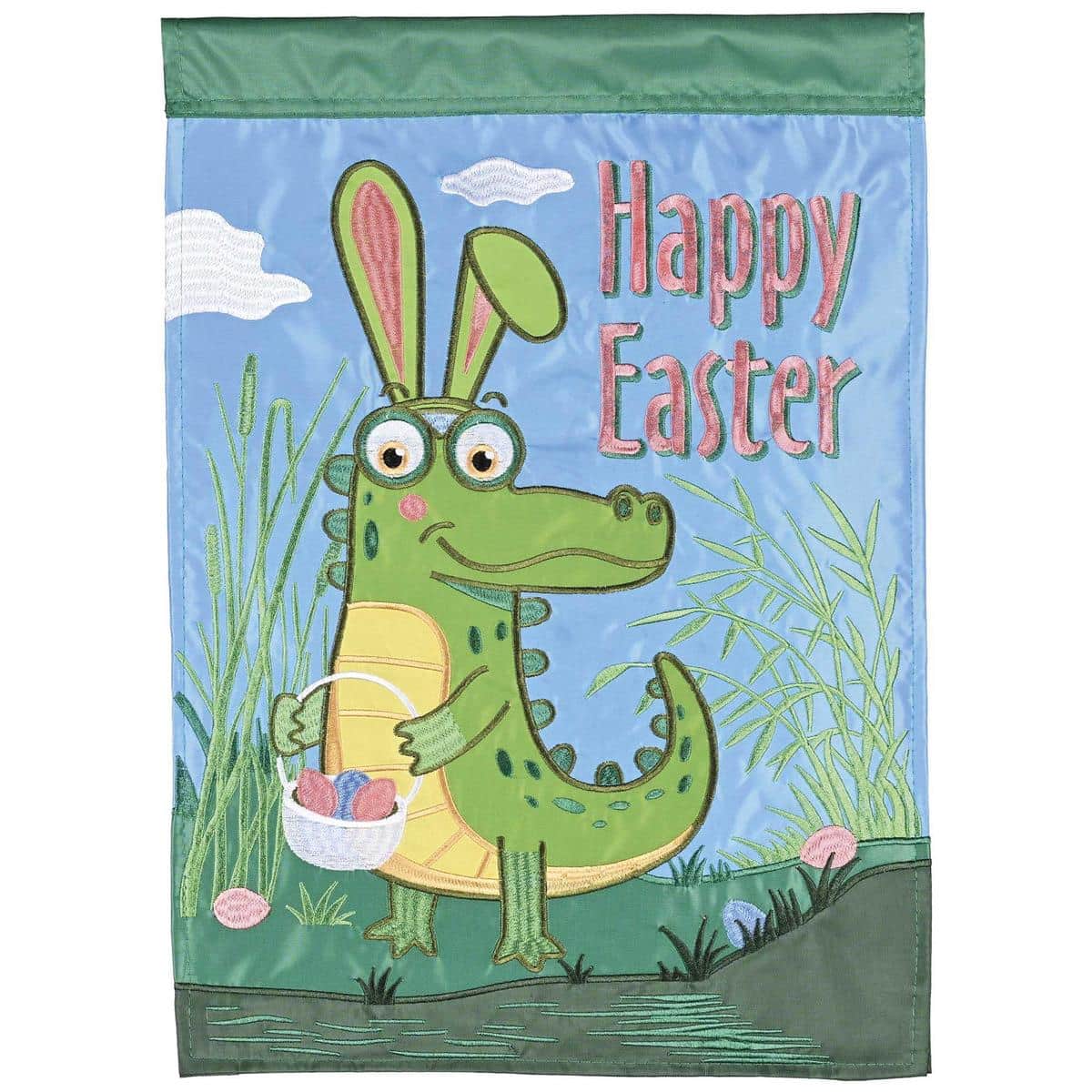 Whimsical Happy Easter Alligator garden flag featuring layered double applique texture, smiling alligator holding decorated eggs and festive Happy Easter text for outdoor porch or yard display