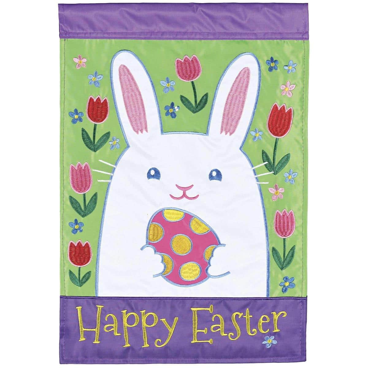Two-sided Happy Easter Bunny Head double applique garden flag featuring a pastel bunny portrait and greeting, weather-resistant 300D polyester for spring display.