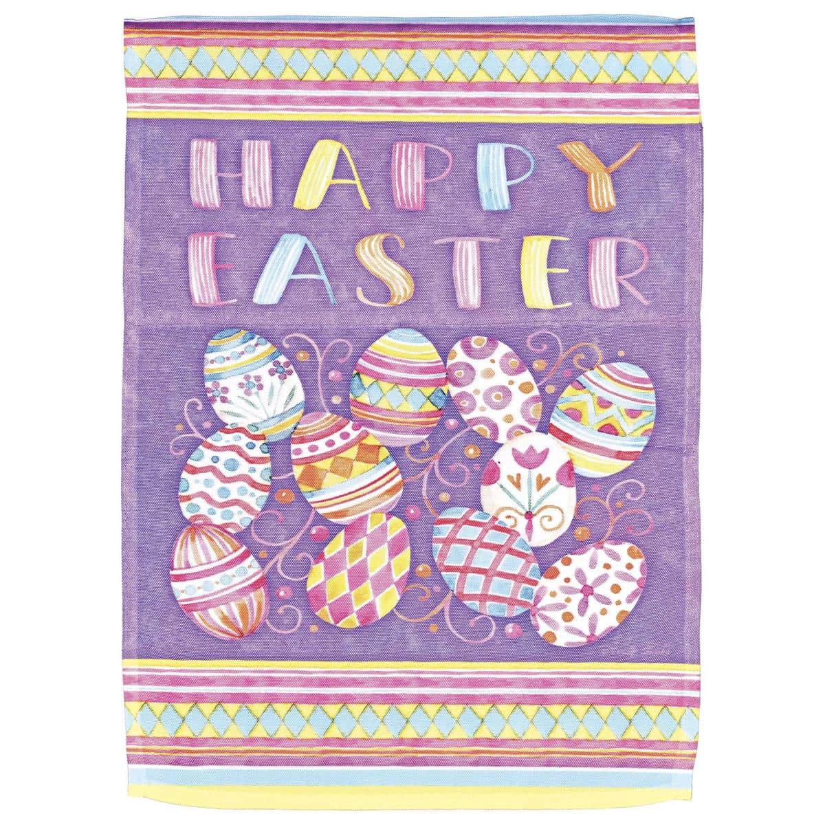 13x18 Happy Easter Eggs printed garden flag showing colorful painted Easter eggs, pastel patterns, bold Happy Easter lettering and cheerful seasonal outdoor decor for porch or garden.