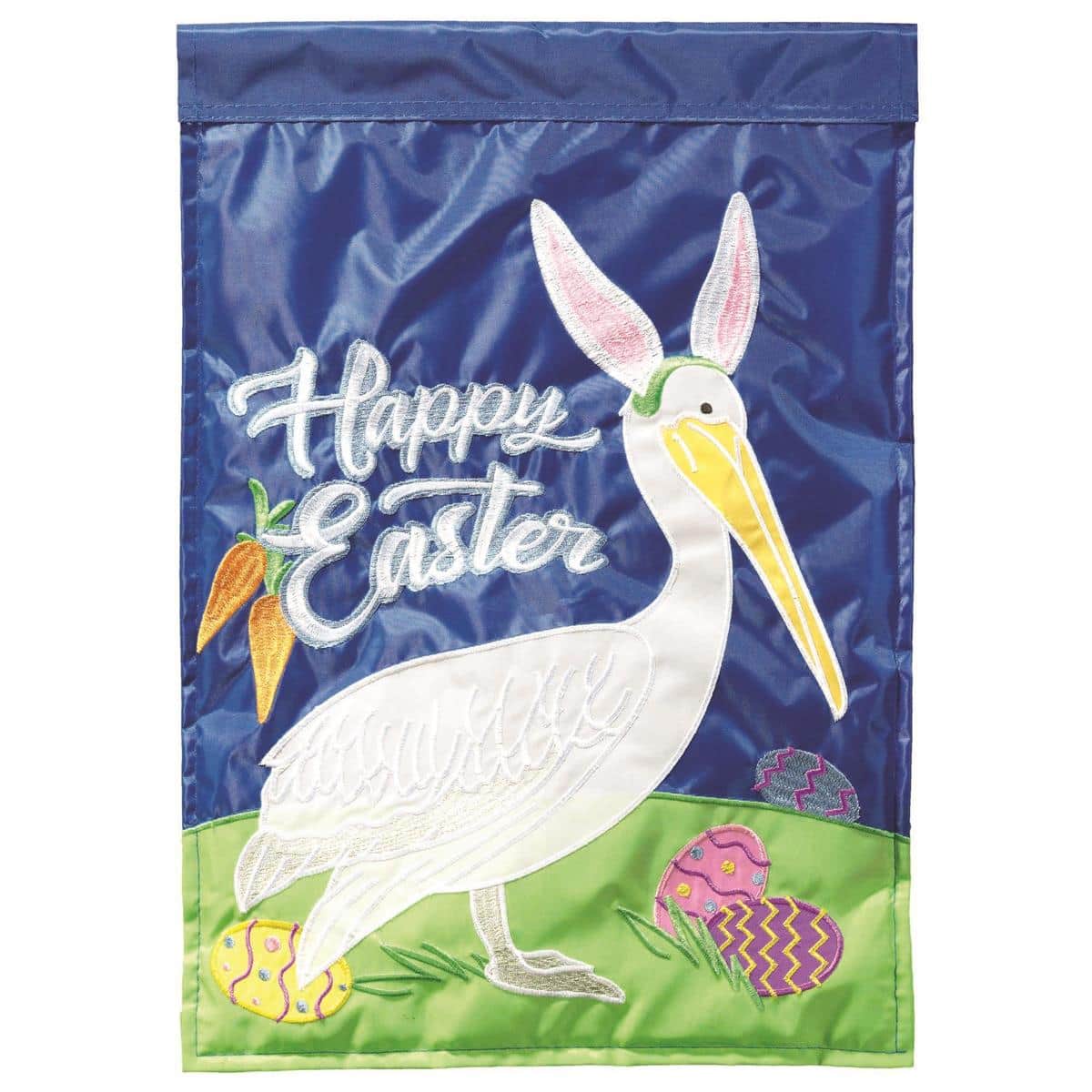 Main product image alt text: Happy Easter Pelican Banner Flag 29x42 with cheerful pelican holding a painted egg, double applique layers, pastel coastal backdrop and reinforced pole sleeve for porch display.