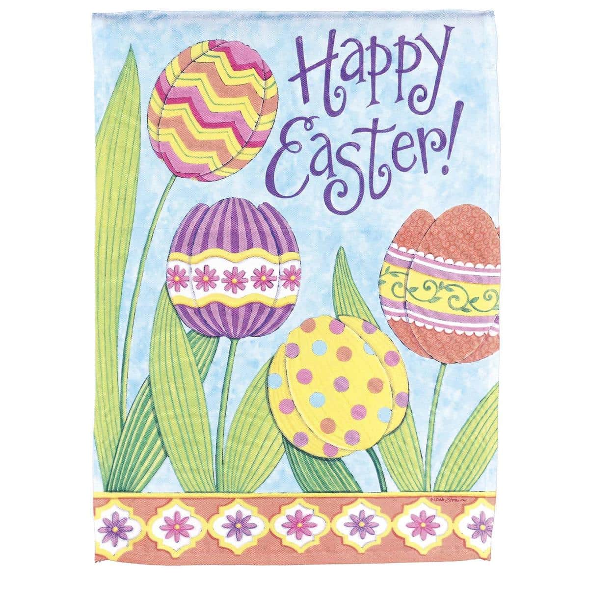 Alt text: 30x44 Happy Easter Tulips printed banner flag showing bright tulip bouquet and festive Happy Easter lettering for porch or garden seasonal display
