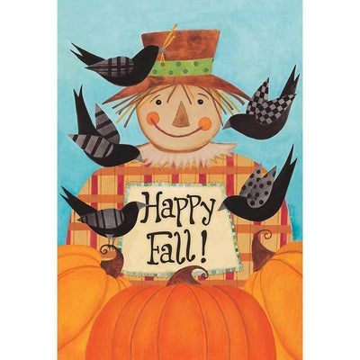 30x44 Happy Fall Scarecrow printed banner flag showing smiling scarecrow, pumpkins, fall leaves, and 'Happy Fall' greeting hanging on a front porch railing for seasonal decor.