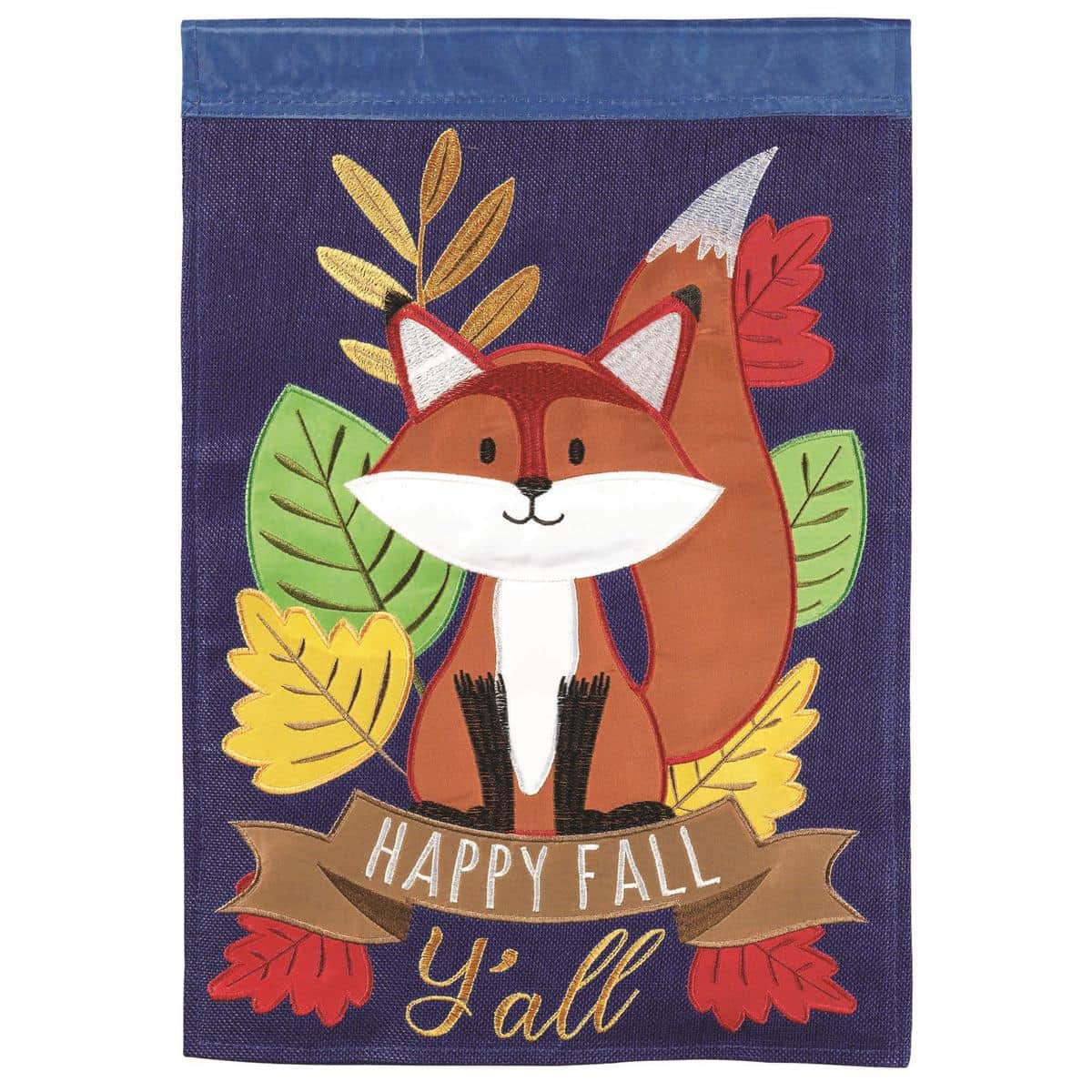 13x18 Happy Fall Yall Fox double applique garden flag with playful fox, autumn leaves, and bold greeting, displayed on standard outdoor garden stand.