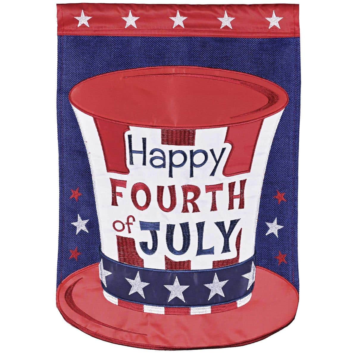 Main product image of the Happy Fourth Of July double applique flag showing layered red, white, and blue stars and stripes with prominent holiday greeting, displayed on a garden pole against a neutral background.