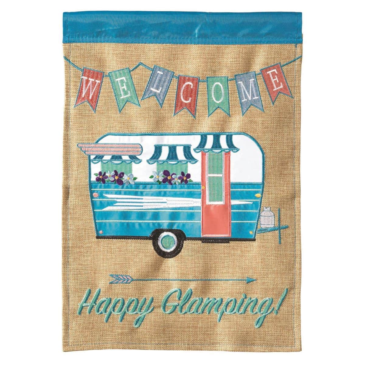 13x18 Happy Glamping burlap garden flag featuring a retro camper, string lights, pine trees, and campfire in double applique, displayed on a garden stand.