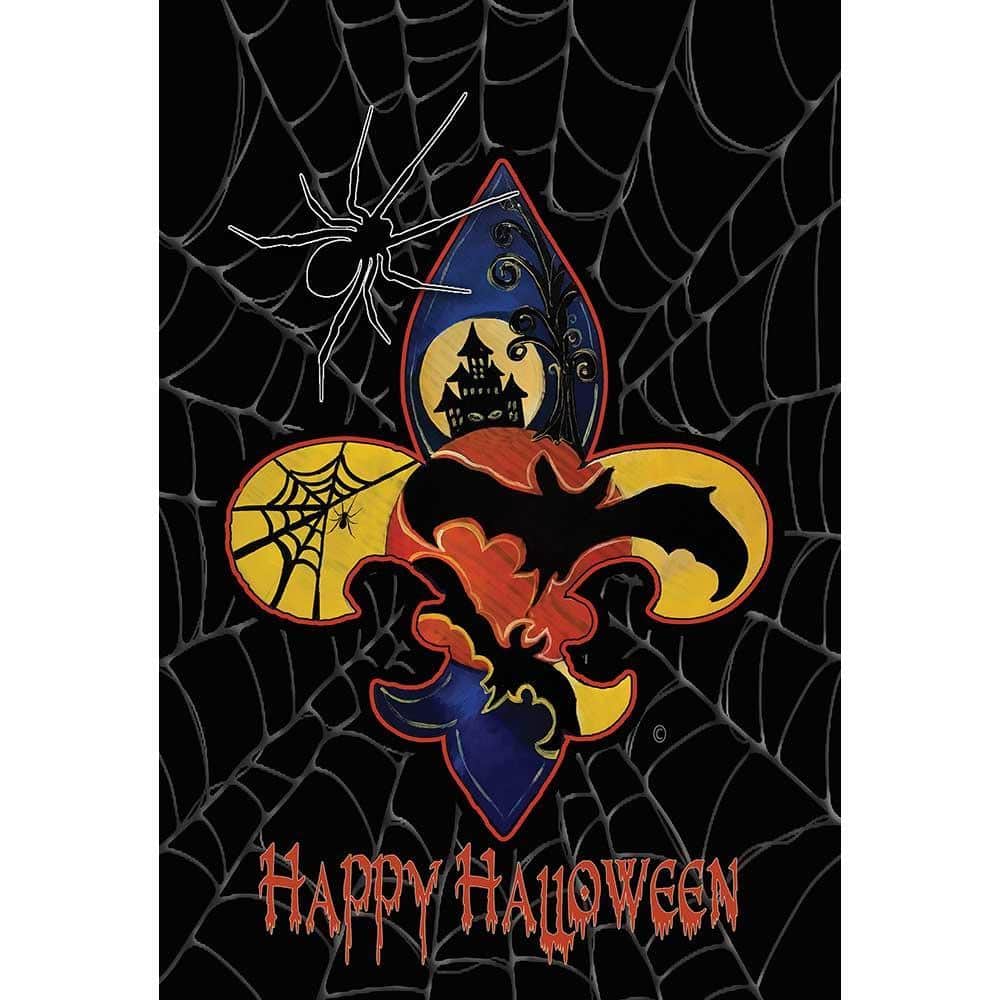 Large 30 x 44 Happy Halloween banner flag with bold printed graphics, orange and black palette, outdoor polyester, pole sleeve fits standard house flagpoles