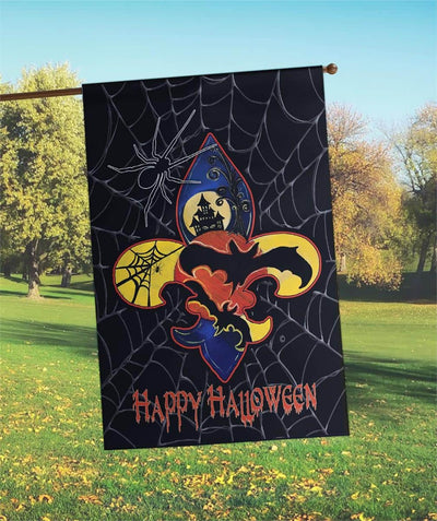 Large 30 x 44 Happy Halloween banner flag with bold printed graphics, orange and black palette, outdoor polyester, pole sleeve fits standard house flagpoles