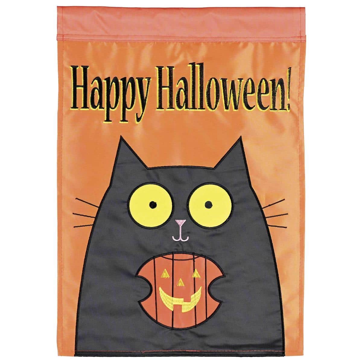 HallowJackOL Happy Halloween flag with black cat silhouette and glowing jack-o-lantern double applique on a dark background, ideal for porch, yard, or garden display.