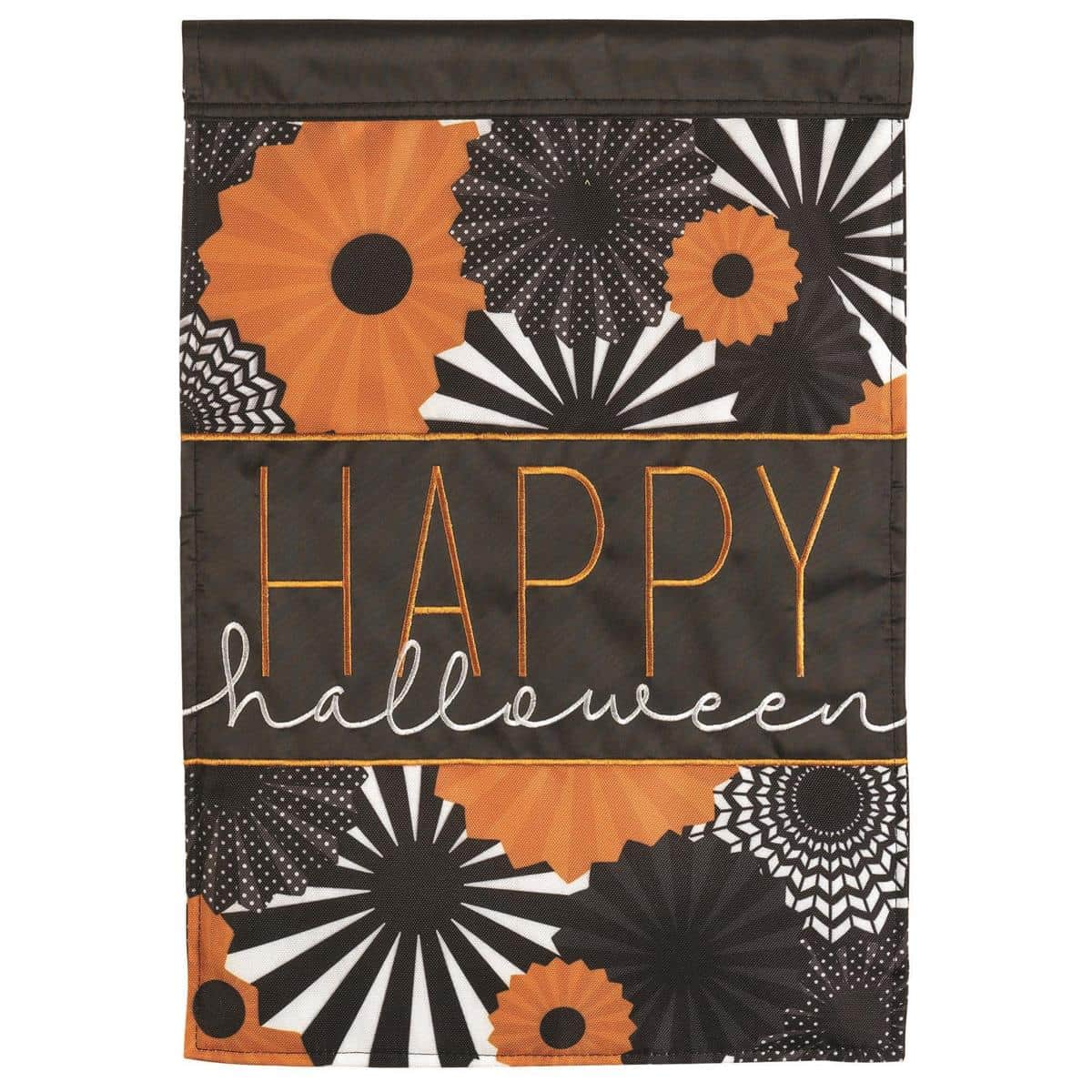 13x18 Happy Halloween garden flag with layered applique pumpkins, bats, ghosts, and "Happy Halloween" lettering on a dark background hanging from a standard garden flag pole in a yard