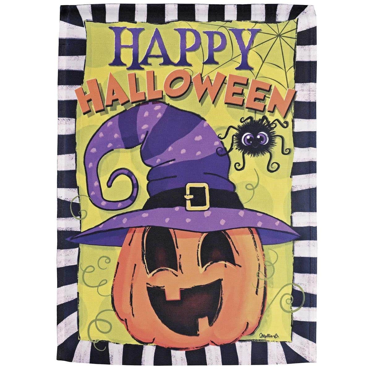 Happy Halloween Jack Lantern printed garden flag showing a cheerful carved pumpkin face on a dark background, ideal for porch, yard, or entryway seasonal display and Halloween decor.
