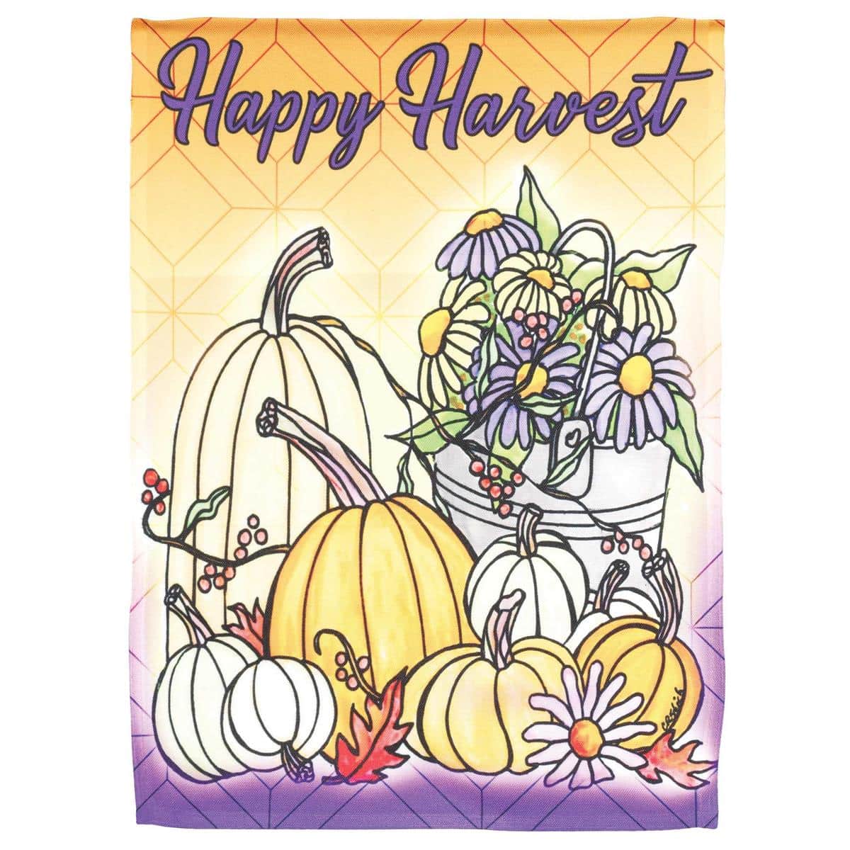 Happy Harvest garden flag showing orange pumpkins, autumn leaves, and scripted "Happy Harvest" text on a 13 by 18 inch printed polyester flag displayed on a porch flag stand.