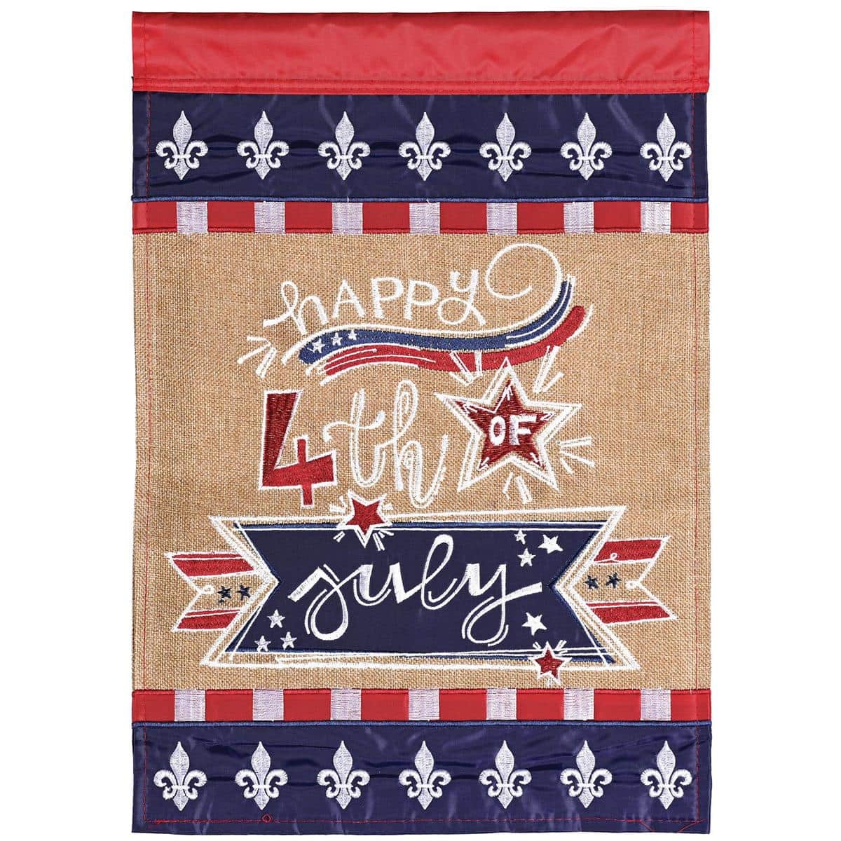 13x18 Happy July 4th Fleur-De-Lis garden flag featuring double applique red white and blue stars with stylized fleur-de-lis motif displayed on a metal garden stand for summer porch decoration.