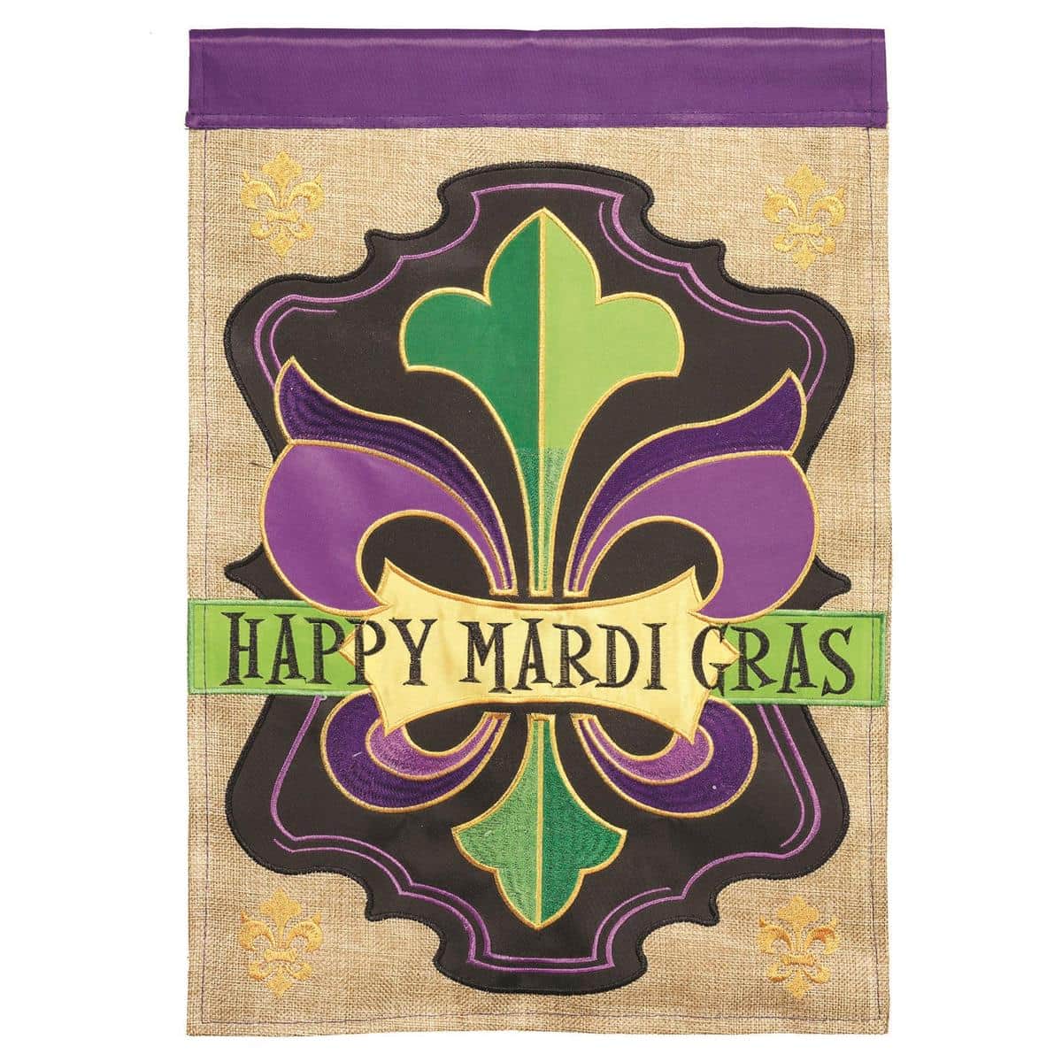 13x18 green burlap garden flag with Happy Mardi Gras text, double applique mask, bead garland and fleur-de-lis motifs for outdoor seasonal display