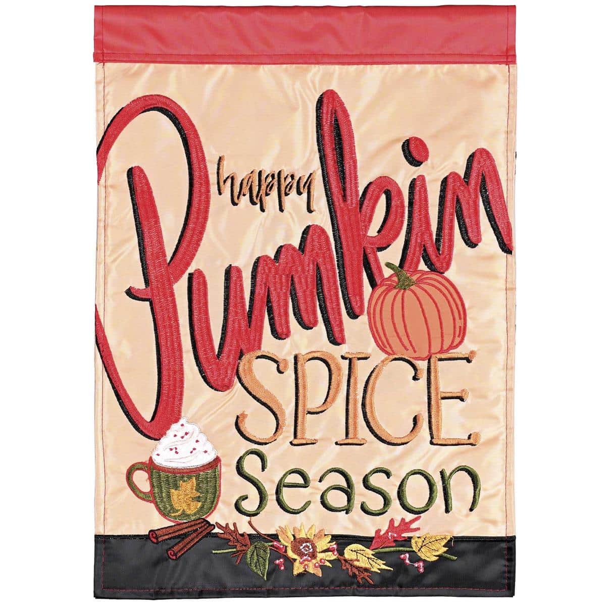 Happy Pumpkin Spice Season double applique garden flag showing warm orange pumpkin, cream lettering, autumn leaves and spice motifs on a porch pole.