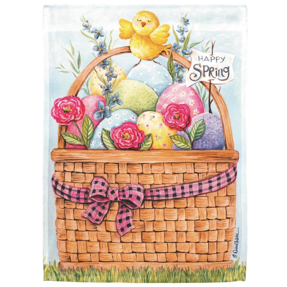 Happy Spring Basket 30x44 printed house banner flag with floral basket and Happy Spring greeting, durable polyester fabric and top pole sleeve for easy porch display