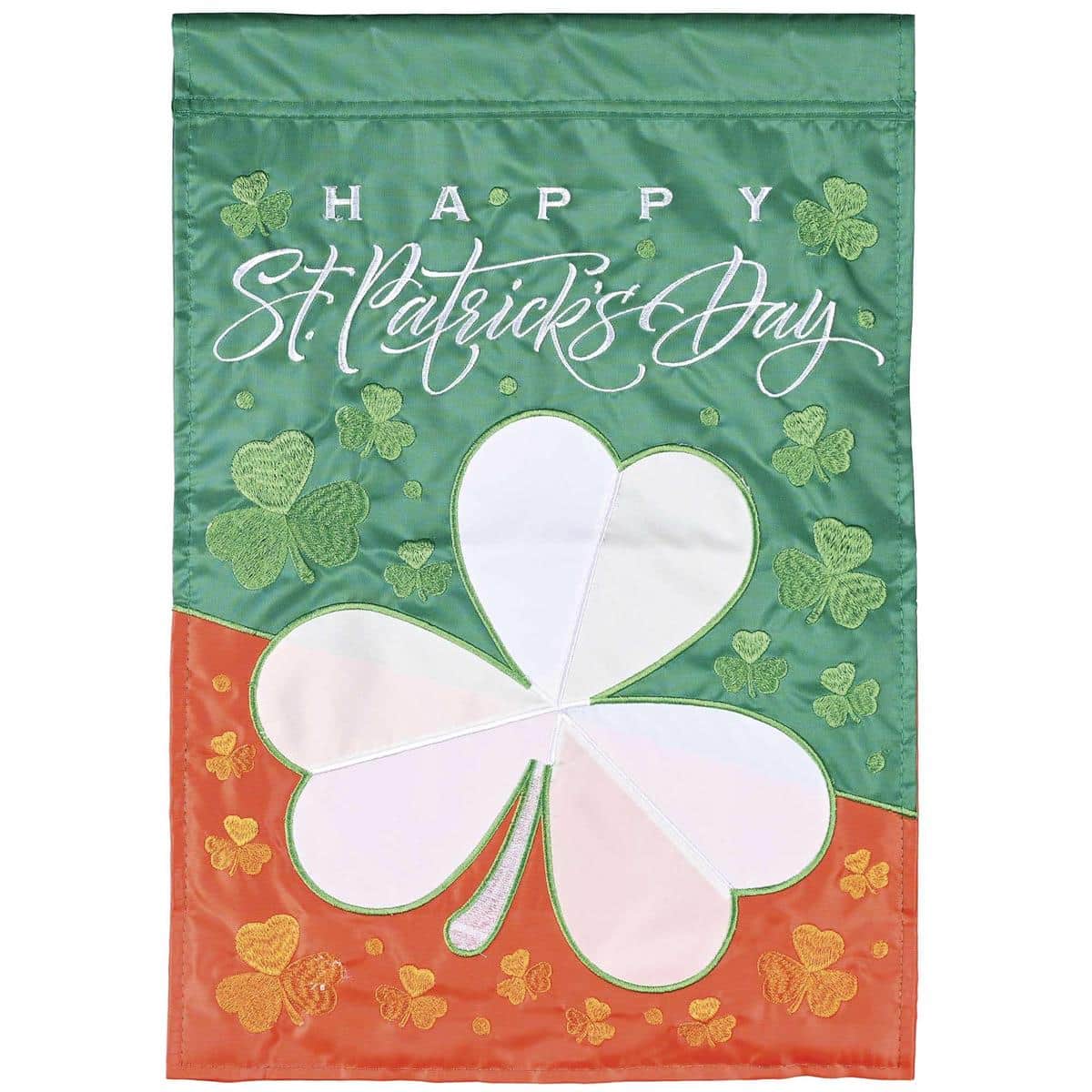 Green Happy St Patricks Day double applique flag showing shamrocks and leprechaun hat, durable polyester outdoor banner for porch, yard, garden or storefront display.