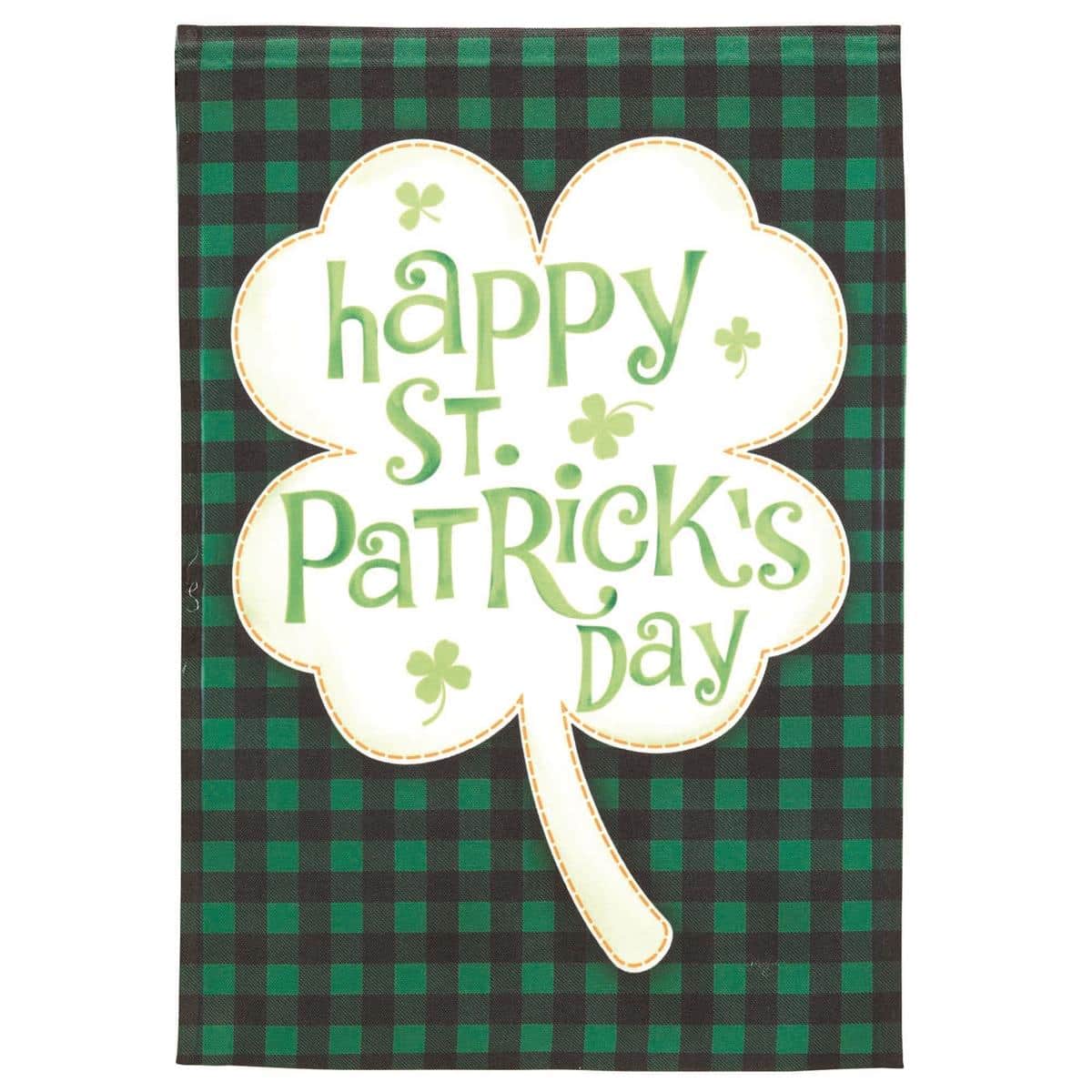 Alt text for the main product image, distinct from the meta description: Happy St Patricks Shamrock Banner Flag 30x44 hanging on a porch pole showing bright green shamrock pattern and festive St Pats Day lettering on printed fabric.