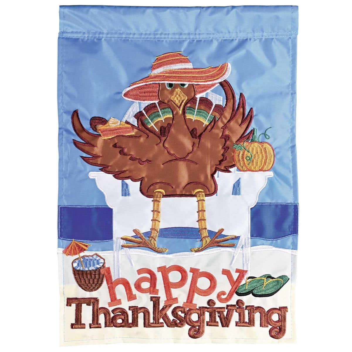 Double applique Happy Thanksgiving Beach Turkey flag with a cheerful turkey at the shore, two sided design on durable fabric for outdoor holiday display
