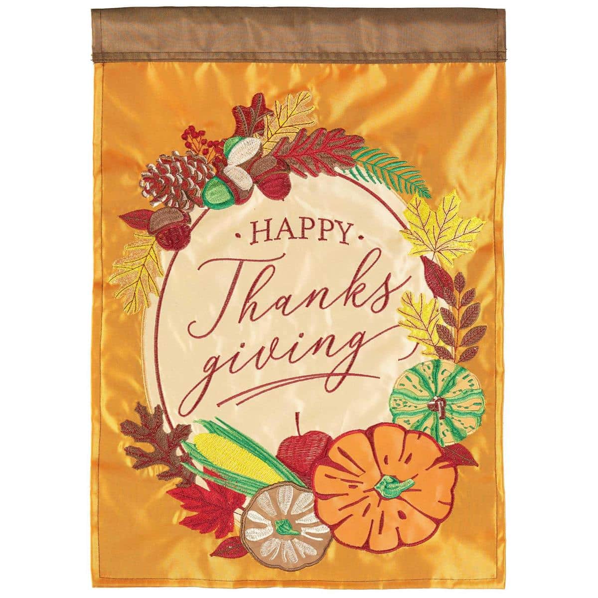 13x18 Happy Thanksgiving garden flag with double applique harvest design in warm fall colors, durable polyester fabric, reinforced sleeve for standard garden pole display.