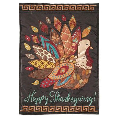 Happy Thanksgiving Patterned Turkey Garden Flag with double-thickness design, intricate applique stitching, and durable nylon construction for festive outdoor décor.