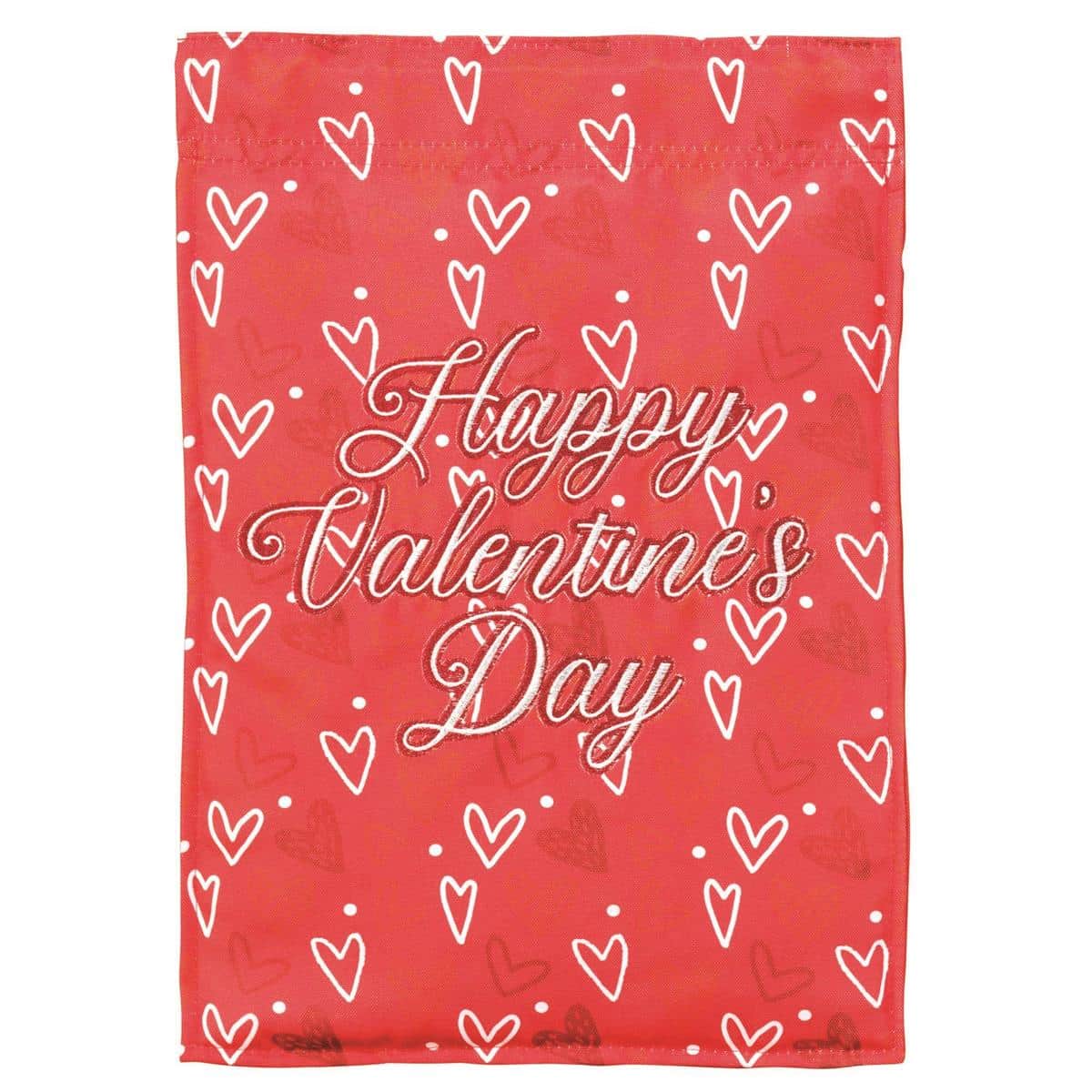 13x18 Happy Valentine Day garden flag Double-Applique-Plus design with hearts and embroidered accents on a red and pink background, shown mounted on a standard garden flag stand in an outdoor porch setting.