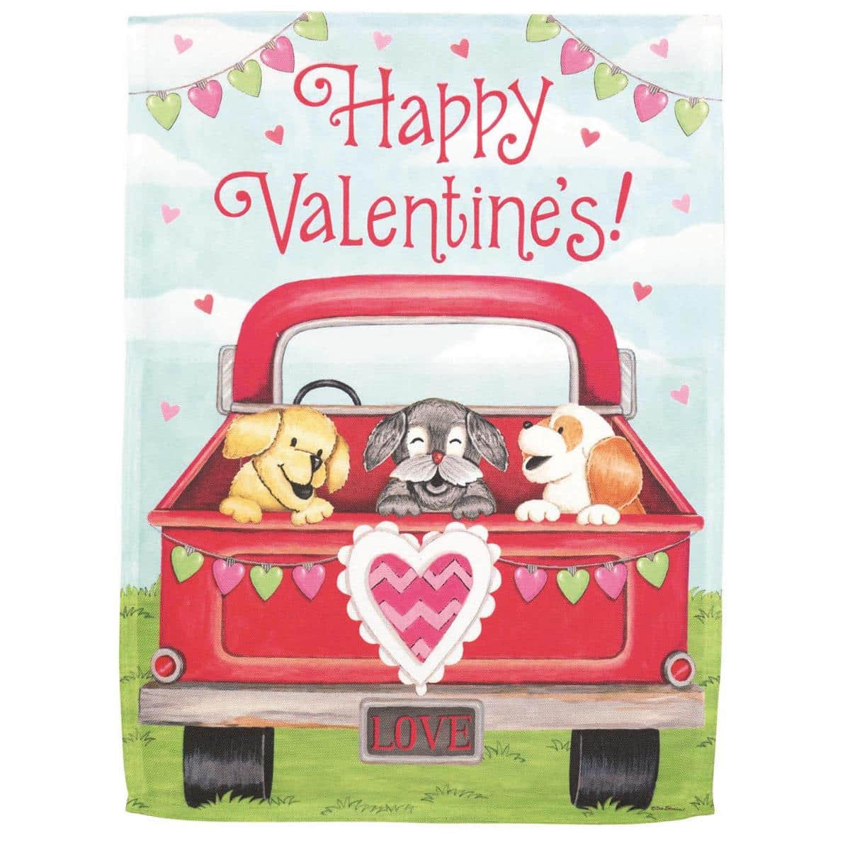 Happy Valentine 30x44 truck banner flag showing a vintage red pickup loaded with hearts and flowers, vivid printed design, outdoor house flag with top pole sleeve