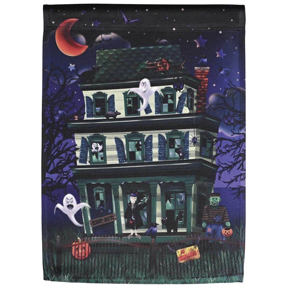 Haunted house garden flag 13x18 printed Halloween design showing a spooky mansion silhouette with bats flying under a full moon, ideal for porch, yard, and walkway seasonal decoration.