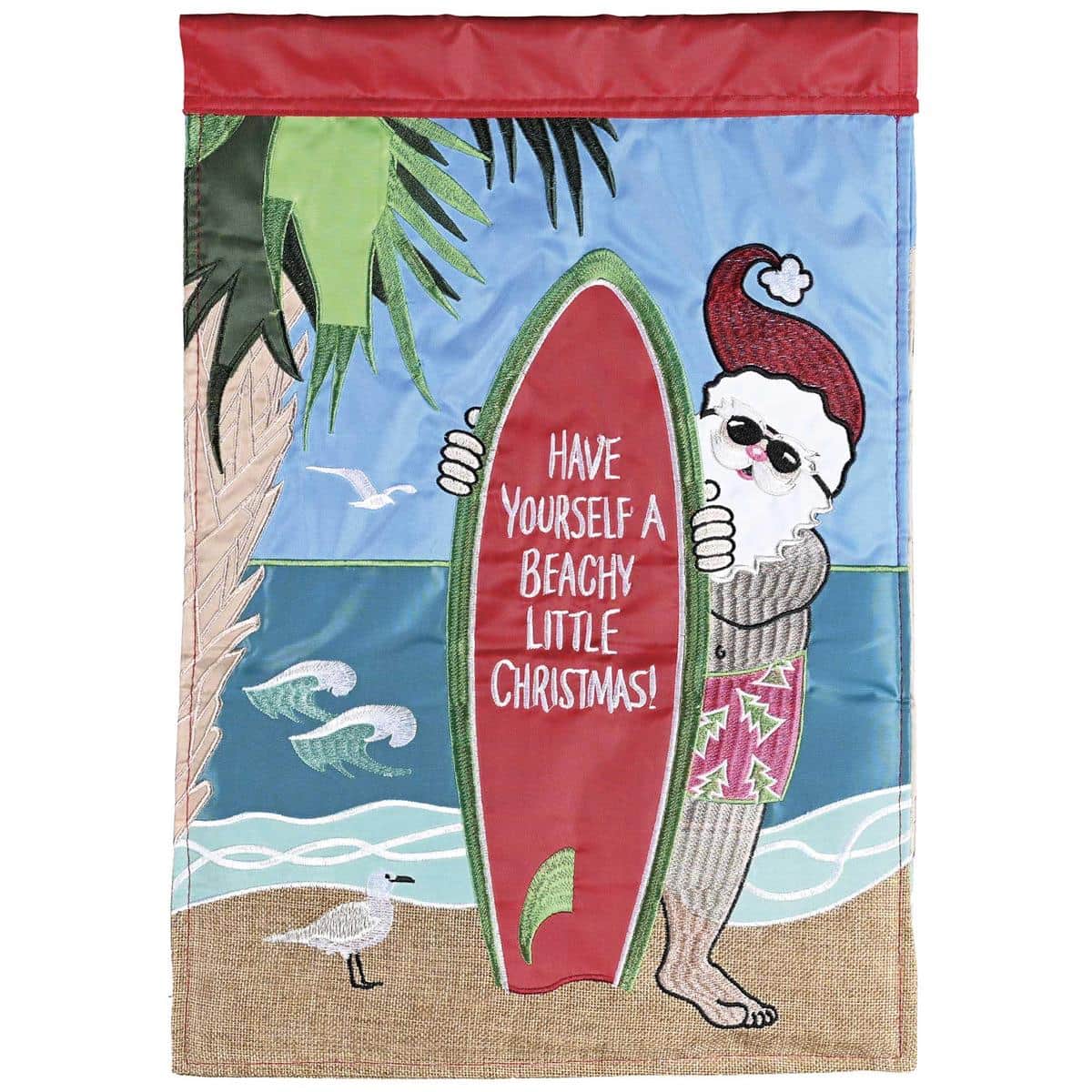 Have A Beachy Little Christmas decorative outdoor flag featuring palm tree with Santa hat, surfboard with lights, starfish and shells in layered double applique for coastal holiday decor