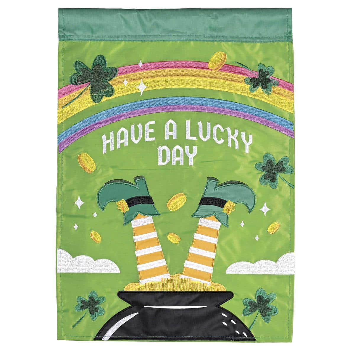 Have A Lucky Day 13x18 garden flag featuring layered applique shamrocks, rainbow and leprechaun hat with bold Have A Lucky Day lettering ready for outdoor display on a garden flag stand