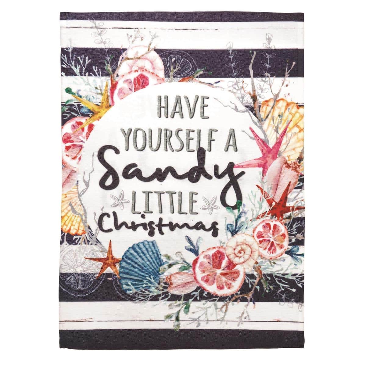 13x18 Have Yourself A Sandy garden flag showing a beach themed Christmas design with sand, palm tree, ornaments and festive greeting.