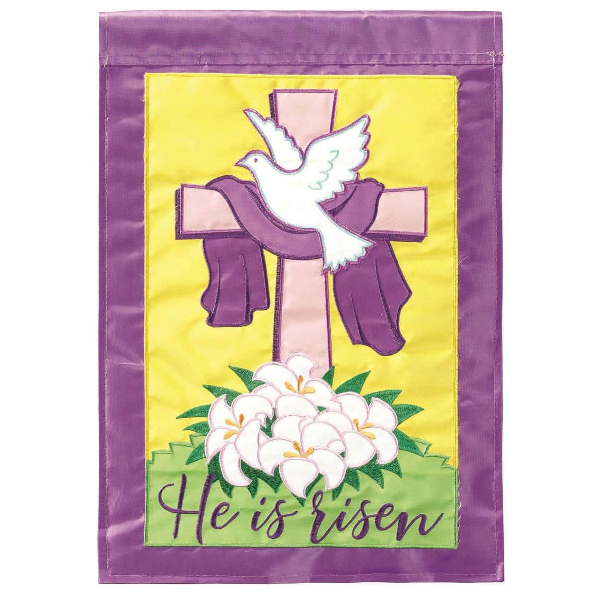 Close-up of 13x18 He Is Risen garden flag with layered applique cross and script lettering, soft floral accents on a light background, shown mounted on a yard flag stand.
