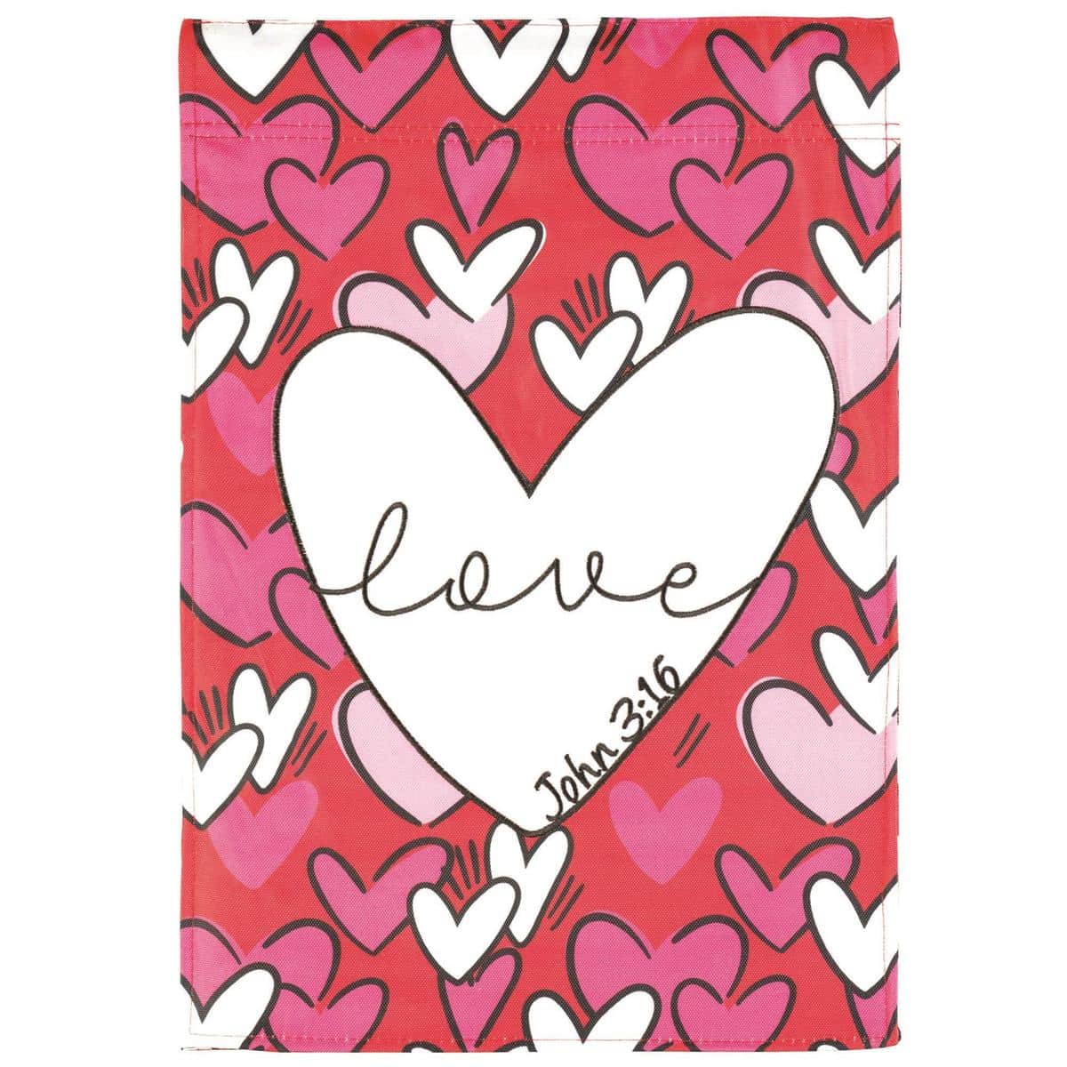 13x18 Hearts Love John 3:16 double-applique-plus Christian garden flag with layered hearts, readable on both sides, durable fabric for outdoor display.