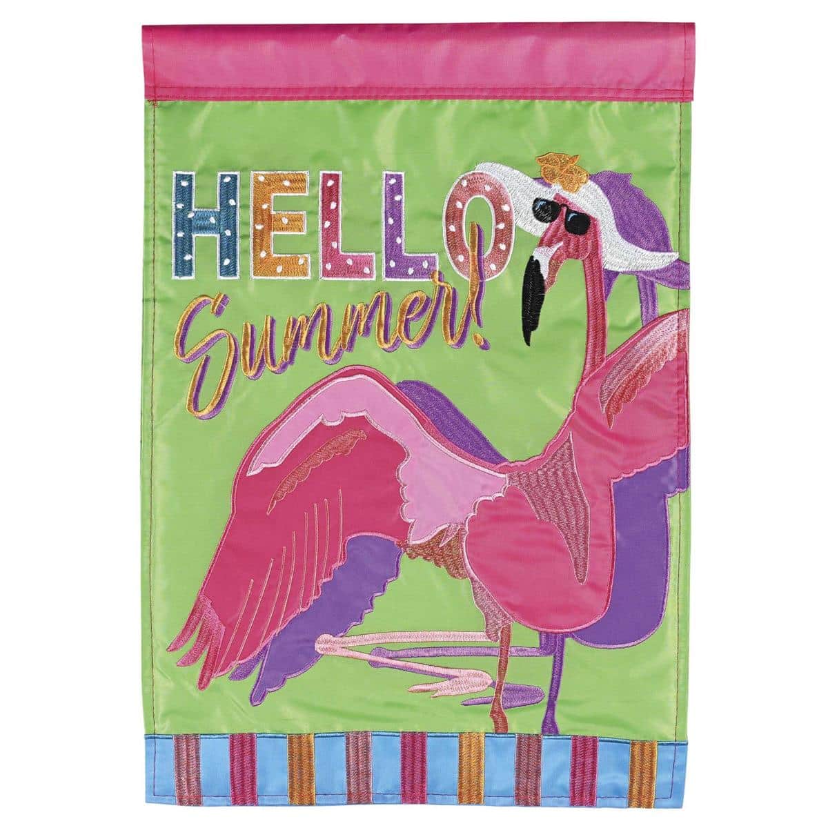 Pink flamingo garden flag on a pastel tropical background with palm leaves and "Hello Summer" script in double applique detail, shown on a 13x18 inch garden flag ideal for porch and yard display.