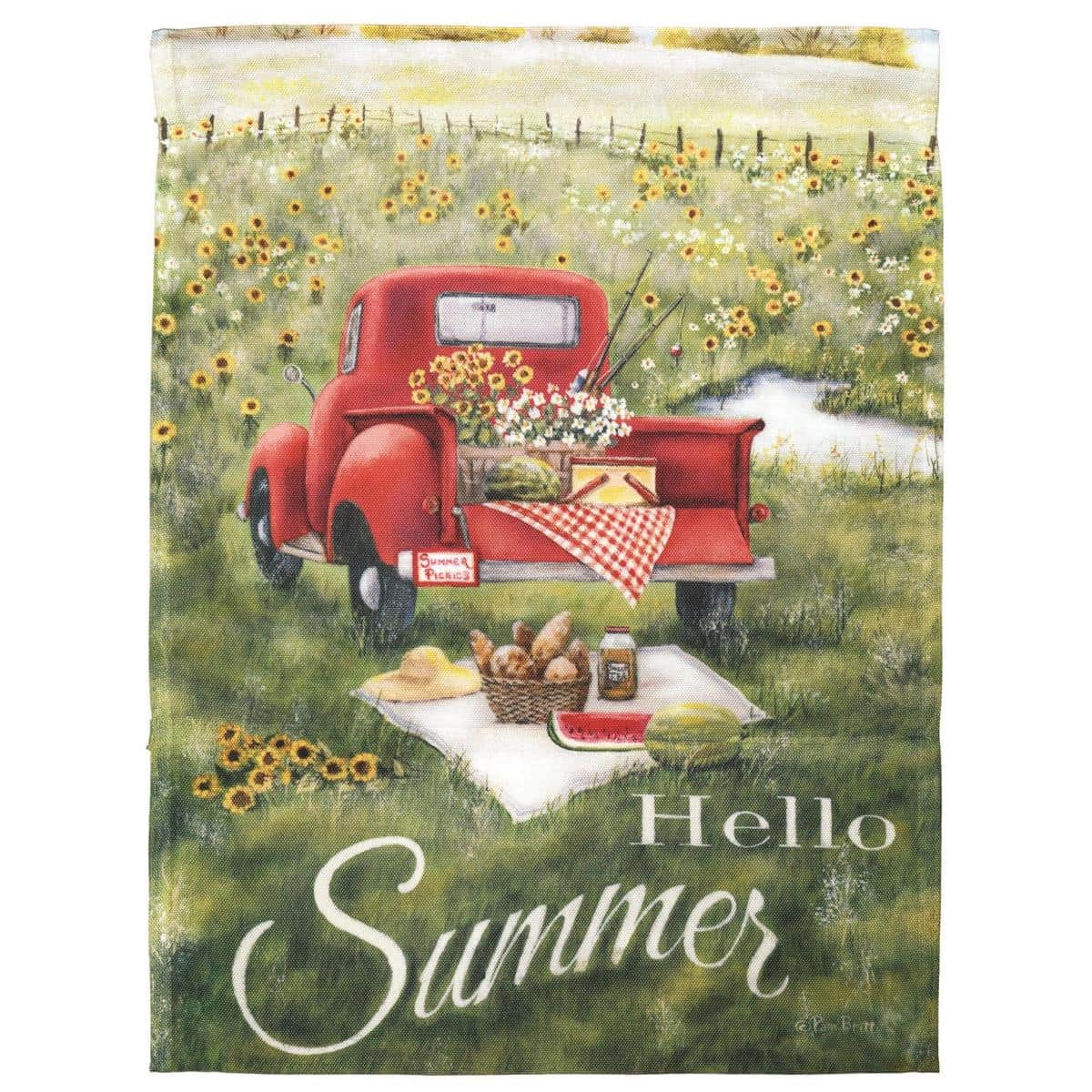 13x18 Hello Summer truck garden flag showing a blue vintage pickup loaded with sunflowers and 'Hello Summer' script on a bright striped background, ideal for outdoor lawn display.