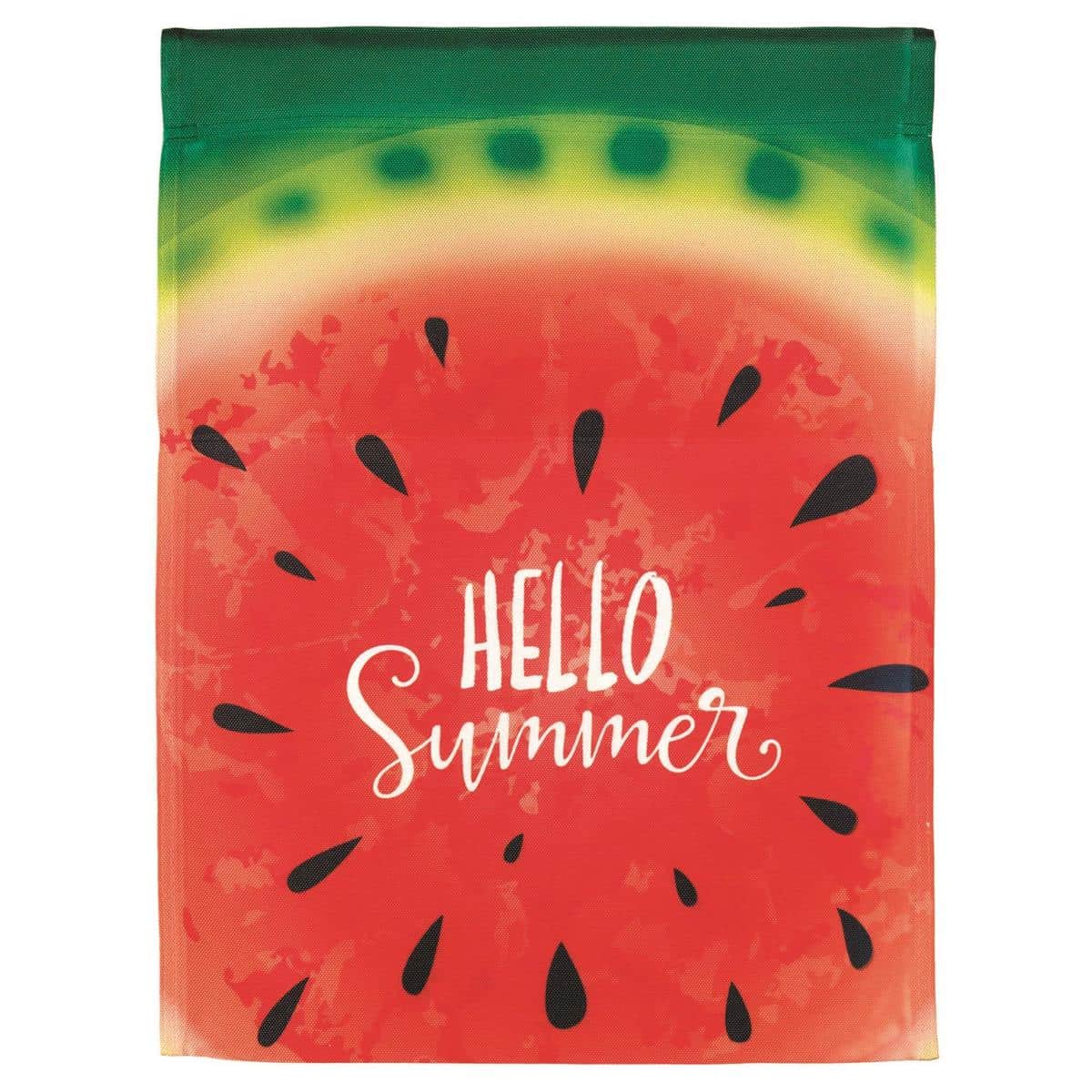 13x18 Hello Summer Watermelon garden flag with printed sliced watermelon artwork and bold Hello Summer text ideal for porch, patio, or garden display during warm weather months.