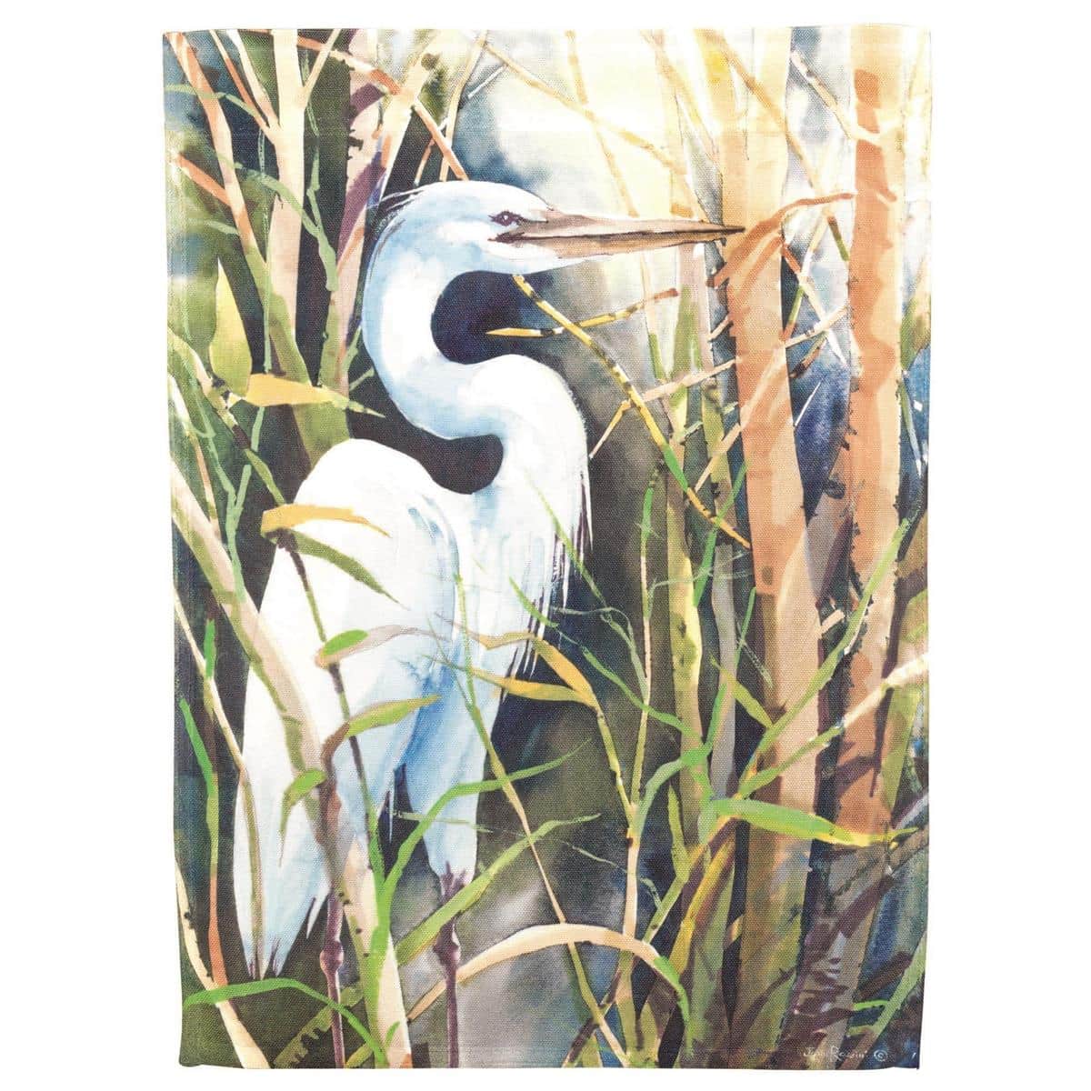 Close-up of Heron His Stoic Patience 13x18 printed garden flag showing a serene heron by the water on durable weather-resistant polyester fabric.