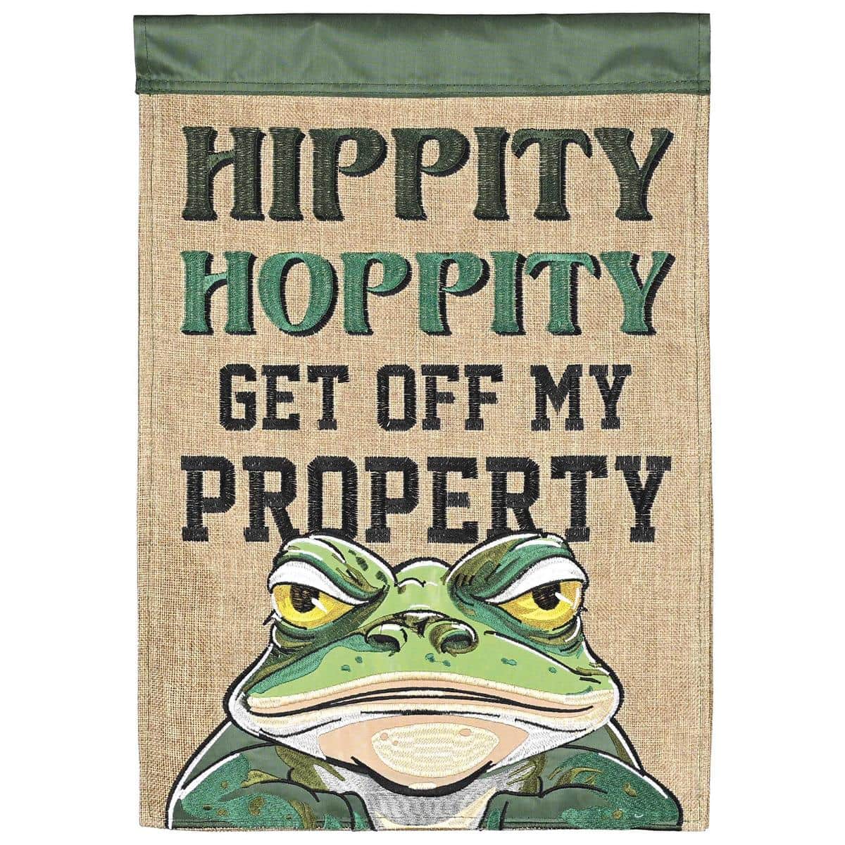 Outdoor double applique bunny garden flag with bold "Hippity Hoppity Get Off My" message, textured stitched rabbit artwork, and reinforced pole sleeve for porch or yard display.