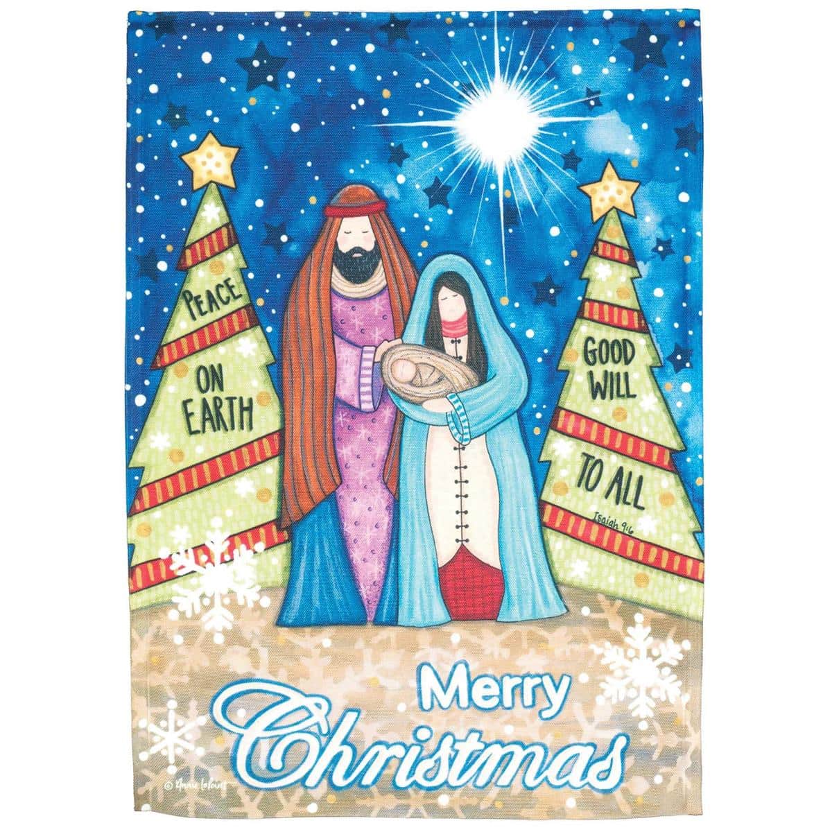 13x18 Holy Family Merry Christmas garden flag featuring a printed nativity scene of Mary, Joseph, and baby Jesus under a star, designed for outdoor display on a standard garden flag pole.