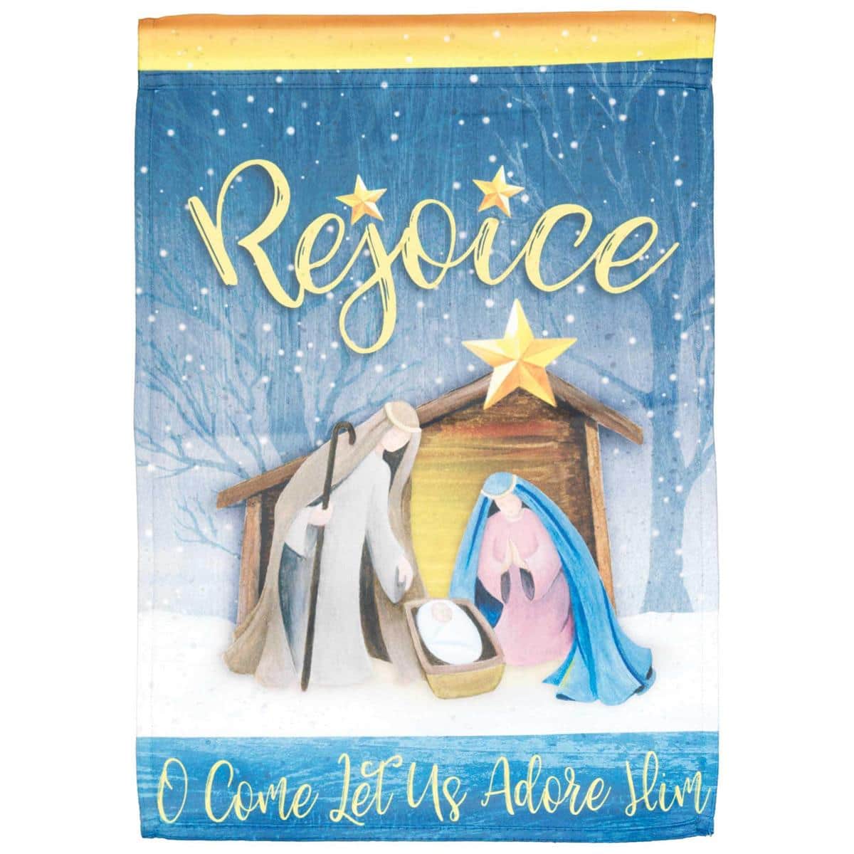Nativity Holy Family scene with star and Rejoice script on a 13x18 printed garden flag displayed on a stand, festive Christian outdoor Christmas decoration.