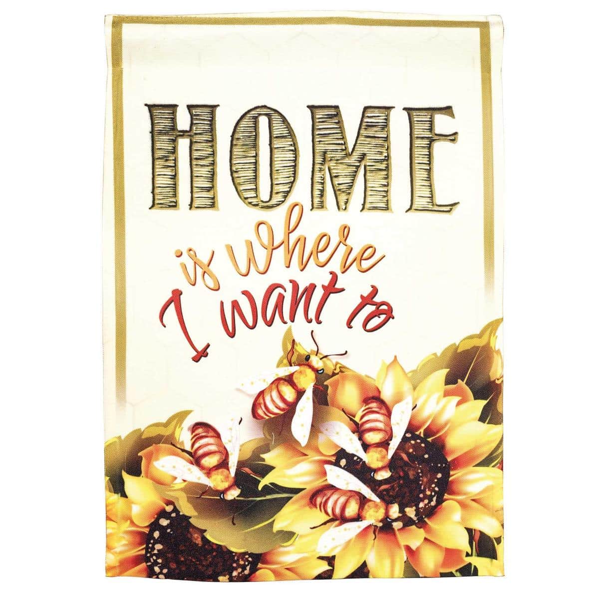 Alt text: 30x44 Home Is Where I Want To printed welcome banner flag hung on a porch stand showcasing bold script text on a neutral background for outdoor greeting.