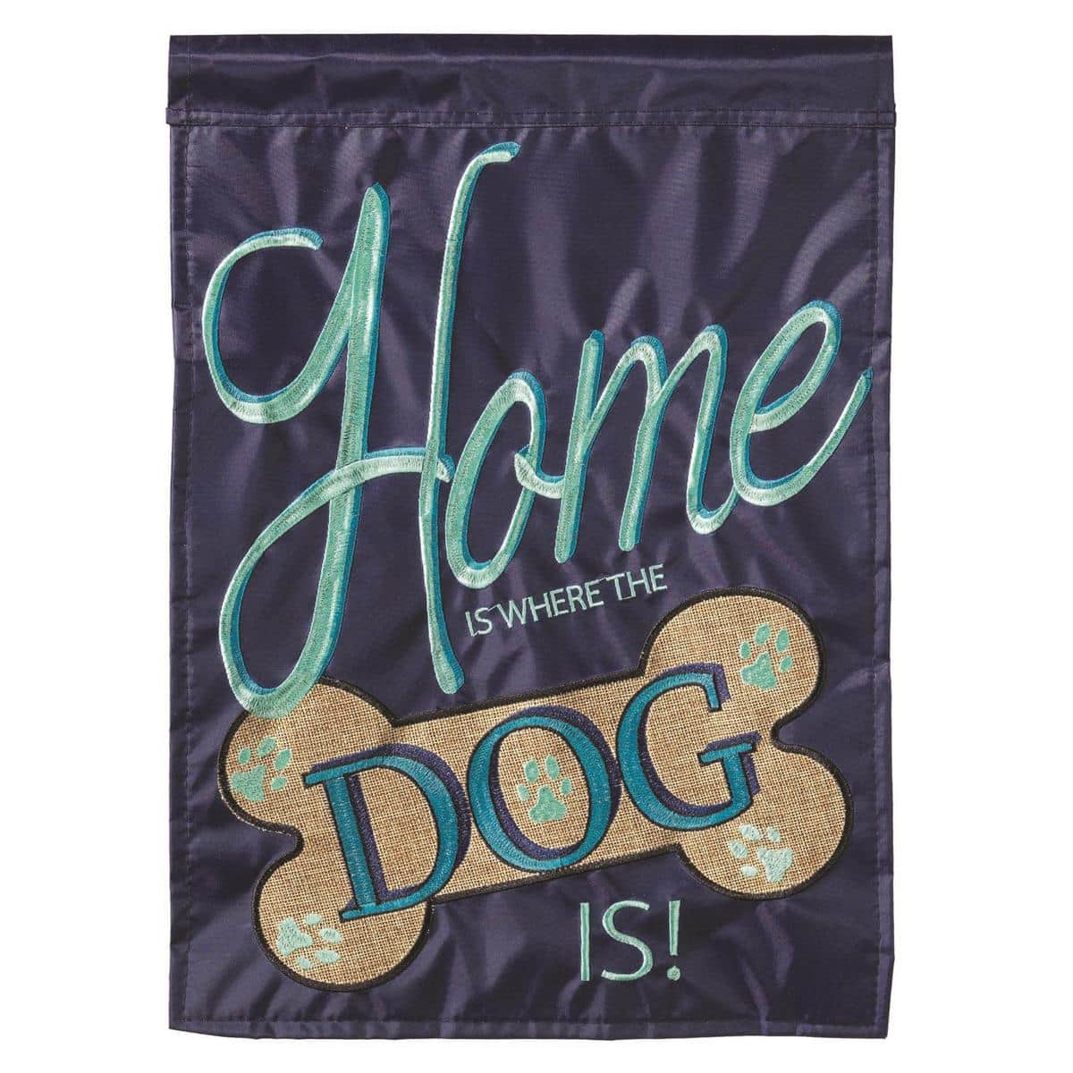 Burlap garden flag 13x18 with double applique dog silhouette, paw print accents, and "Home Is Where The Dog" lettering displayed on a black metal garden flag pole in a home entry garden.
