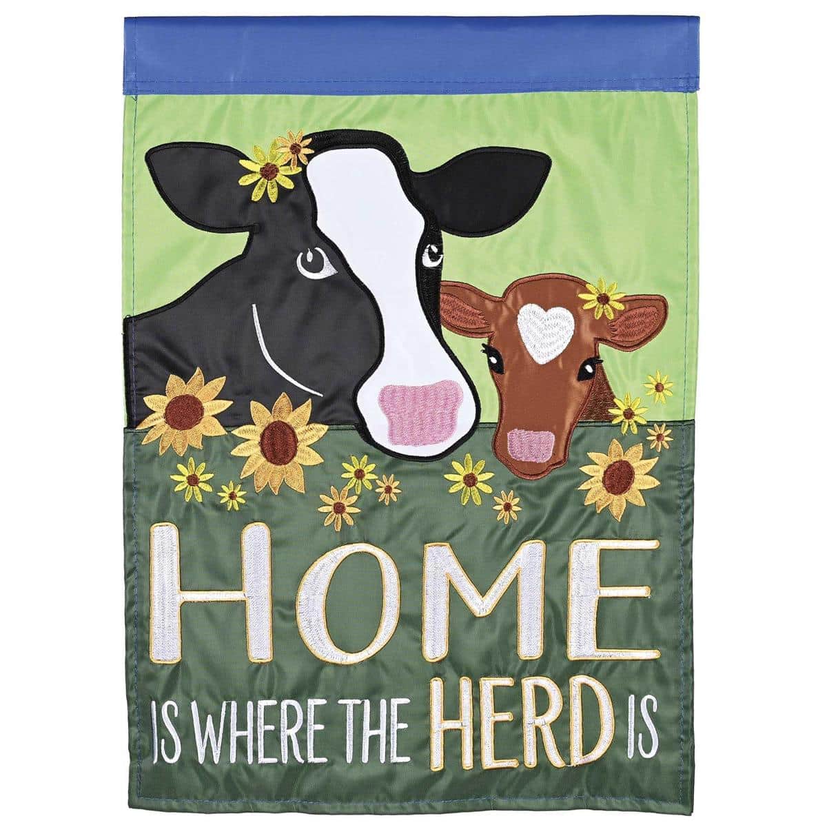 Home Is Where The Herd Is double applique flag showing a stylized herd of animals and rustic lettering on a farmhouse background, perfect for porch or garden display