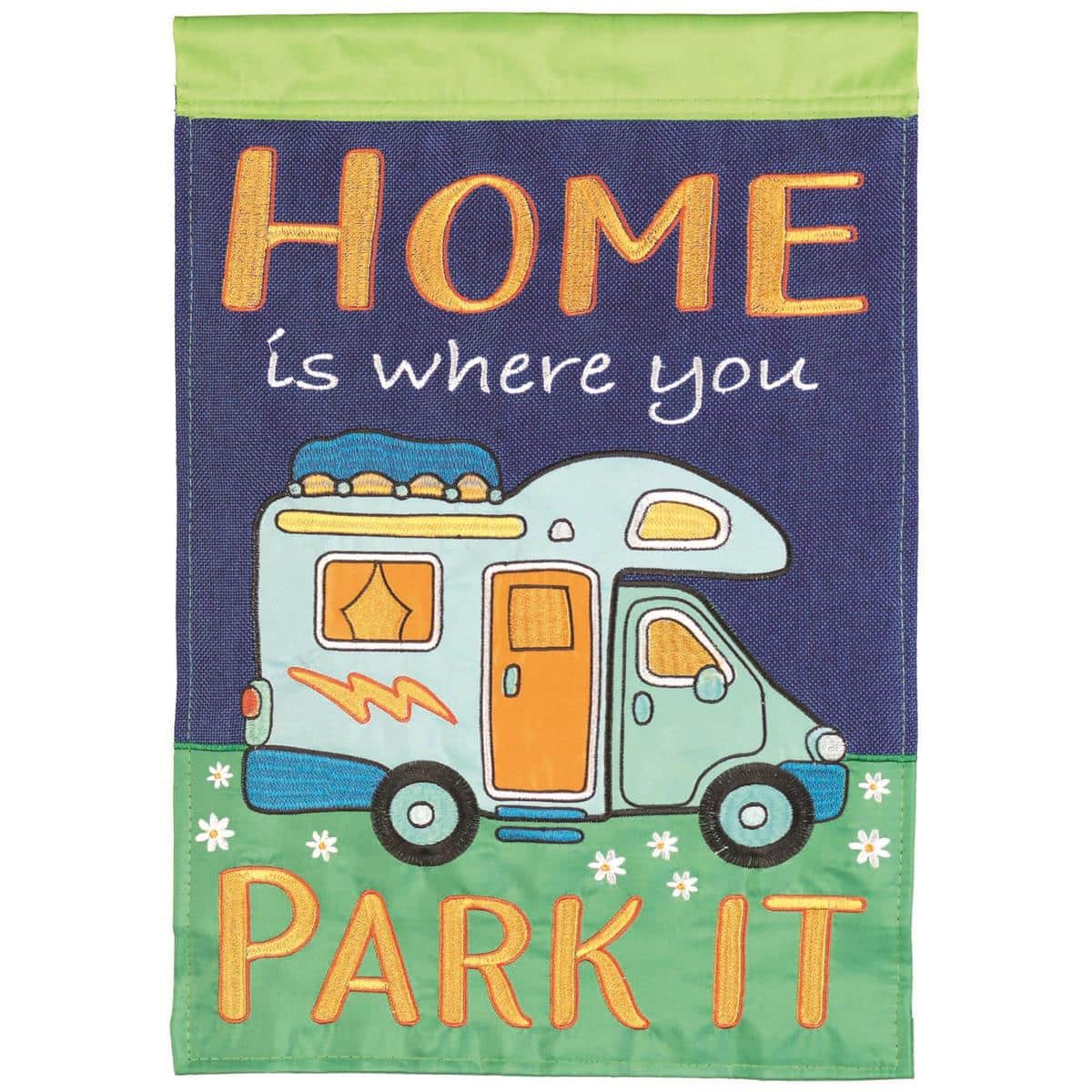 Alt text for main product image: 29x42 Home Is Where You Park It camping banner flag with double applique camper silhouette, pine tree accents and retro lettering shown hanging from an RV porch pole.