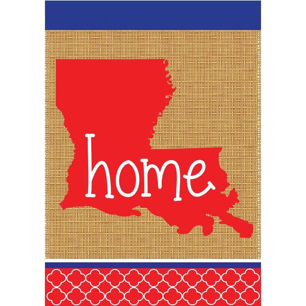 Main product image of a 13x18 burlap garden flag with double applique Home Louisiana design, sewn sleeve at top, and rustic farmhouse aesthetic for porch or garden display.